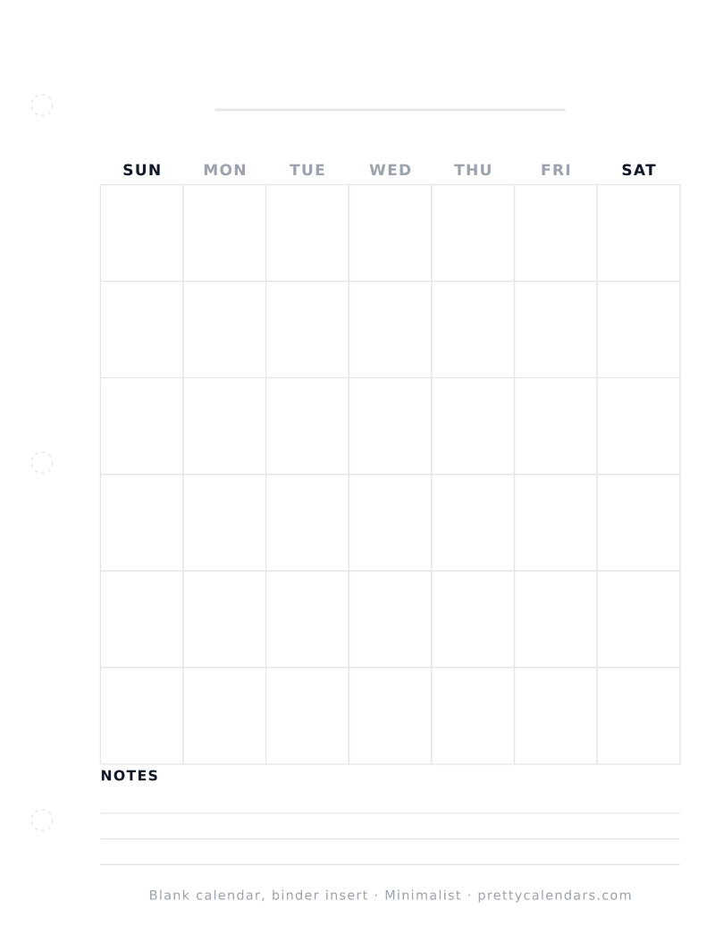 Blank printable calendar as a three ring binder insert with a hole punch margin, Minimalist style