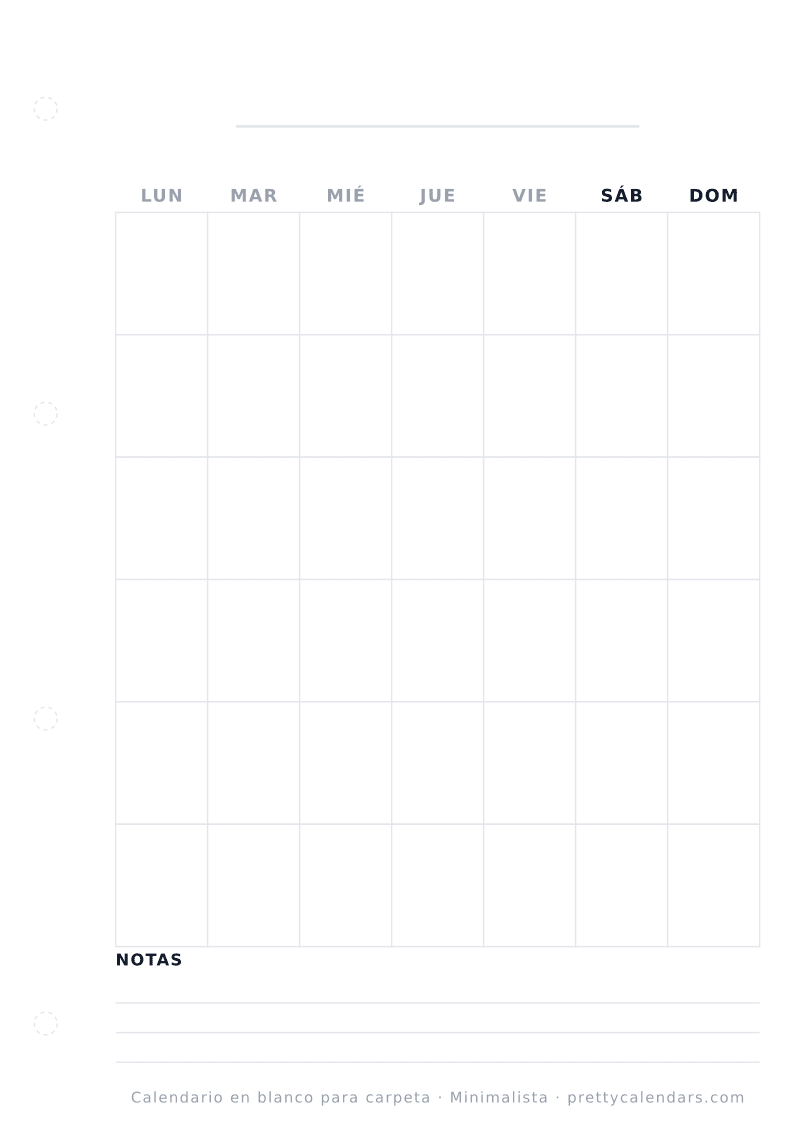 Calendario en blanco para imprimir y archivar en carpeta de cuatro anillas, con margen de perforación, estilo Minimalista