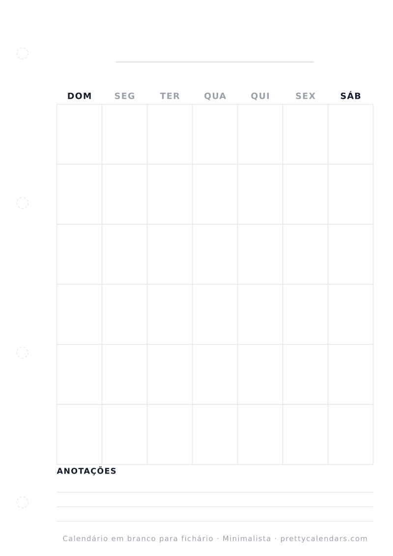 Calendário em branco para imprimir com margem para fichário, estilo Minimalista