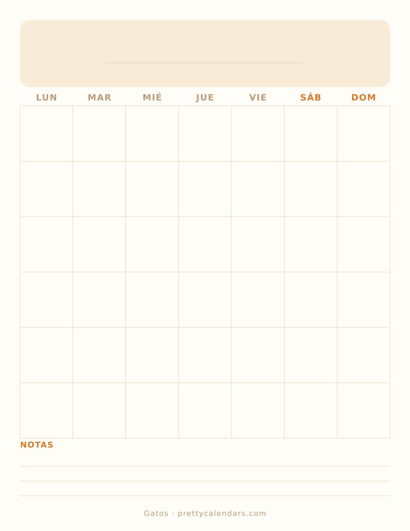 Calendario en blanco para imprimir, estilo Gatos