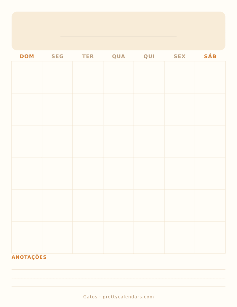 Calendário mensal em branco para imprimir, estilo Gatos