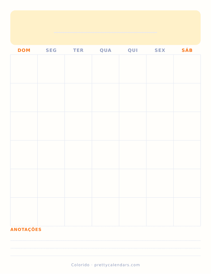 Calendário mensal em branco para imprimir, estilo Colorido