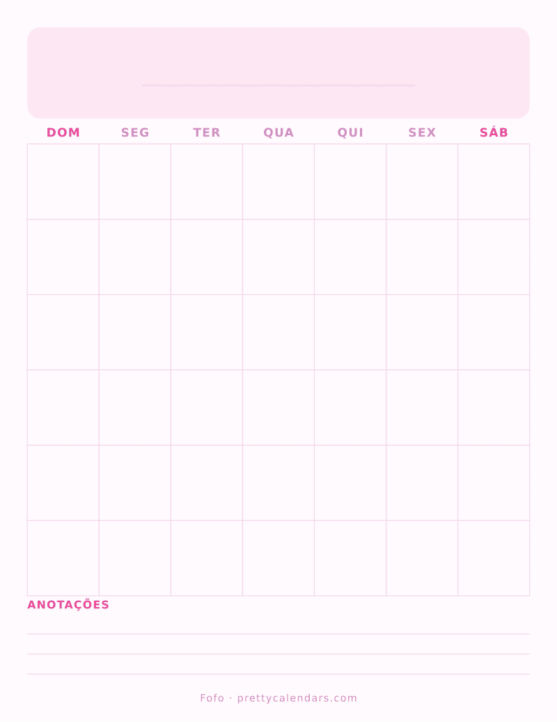 Calendário mensal em branco para imprimir, estilo Fofo