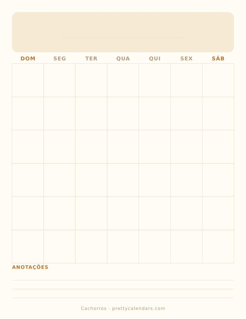 Calendário mensal em branco para imprimir, estilo Cachorros