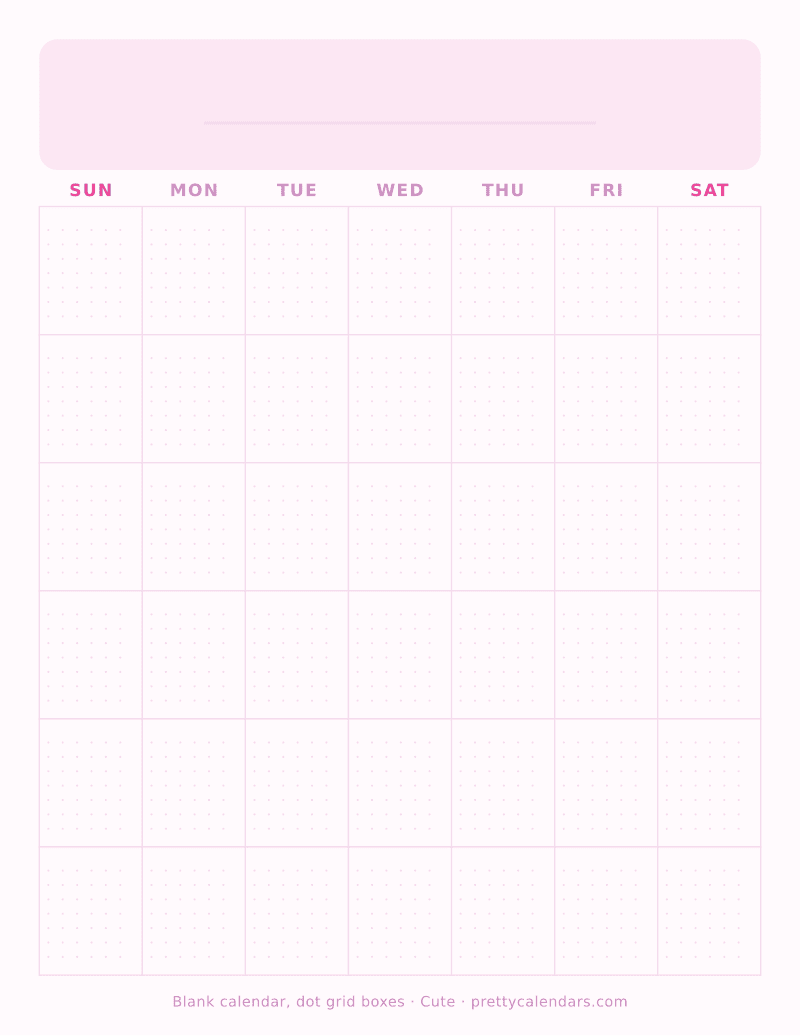 Blank printable calendar with a dot grid inside every day box, Cute style