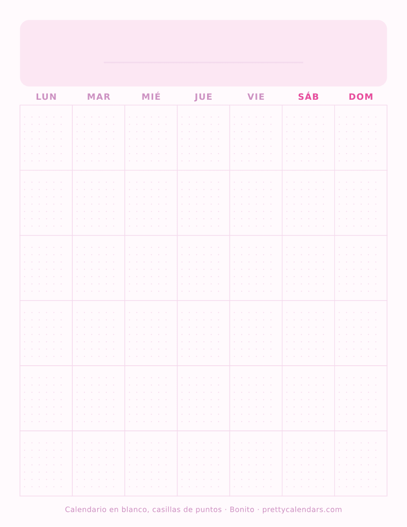 Calendario en blanco para imprimir con una cuadrícula de puntos dentro de cada casilla, estilo Bonito