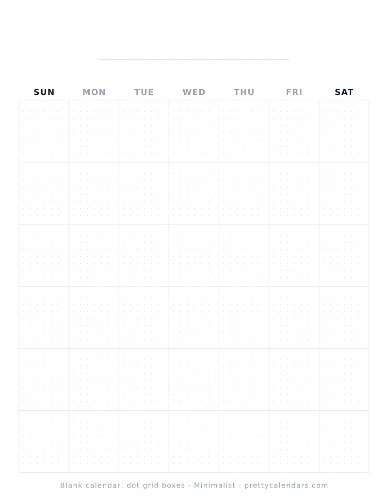 Blank printable calendar with a dot grid inside every day box, Minimalist style