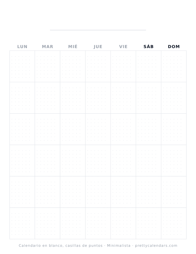Calendario en blanco para imprimir con una cuadrícula de puntos dentro de cada casilla, estilo Minimalista