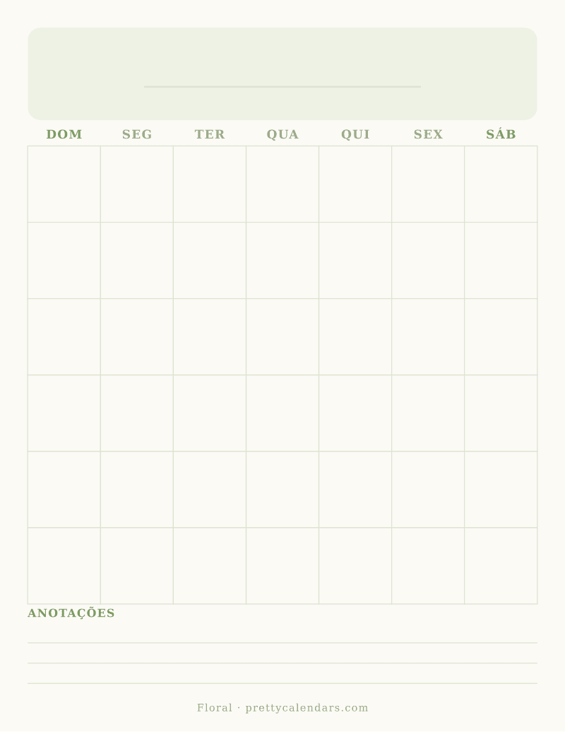 Calendário mensal em branco para imprimir, estilo Floral
