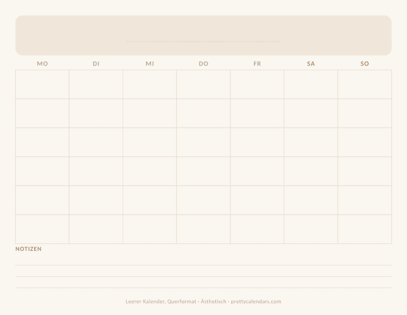Druckbarer leerer Kalender mit Querformat, Design Ästhetisch