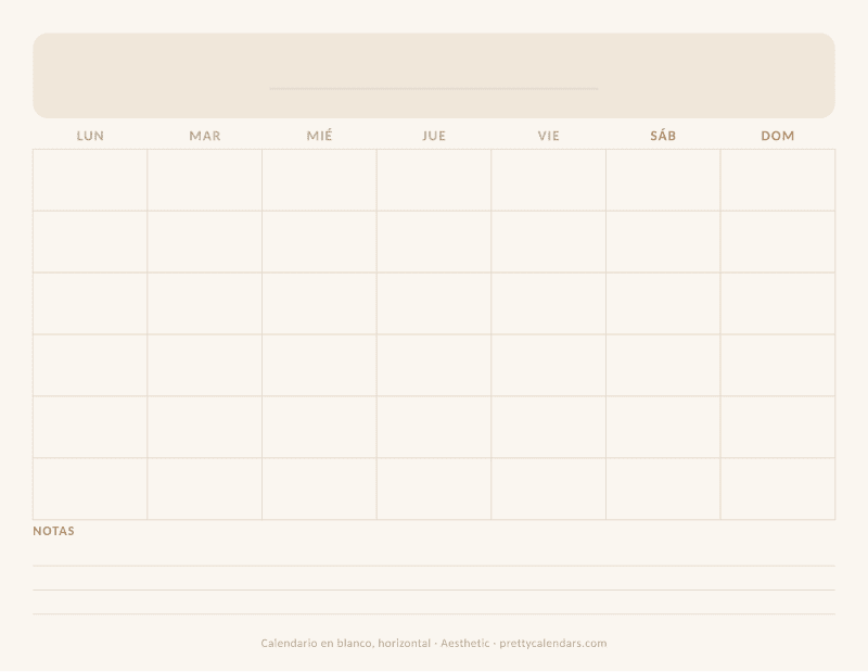 Calendario en blanco horizontal para imprimir, con casillas anchas y sin fechas, estilo Aesthetic