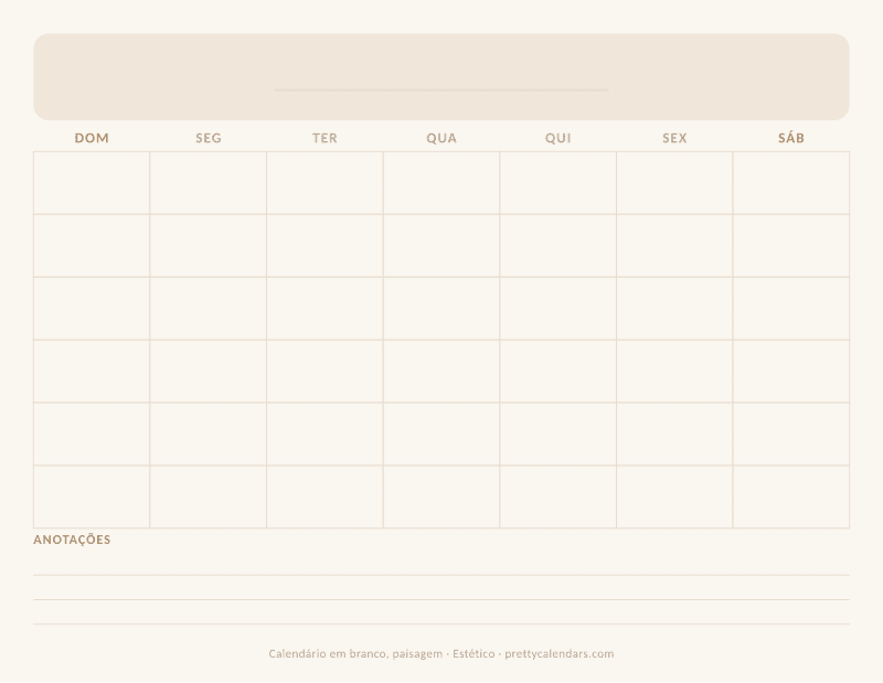 Calendário em branco para imprimir com orientação paisagem, estilo Estético