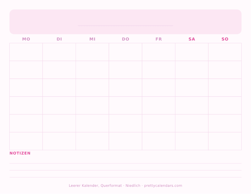 Druckbarer leerer Kalender mit Querformat, Design Niedlich
