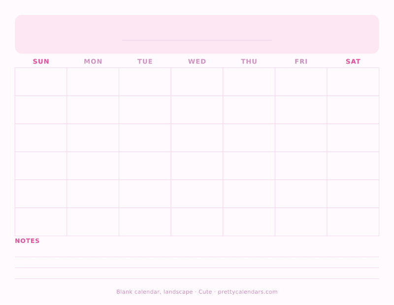 Blank printable calendar in landscape orientation with wide undated day boxes, Cute style