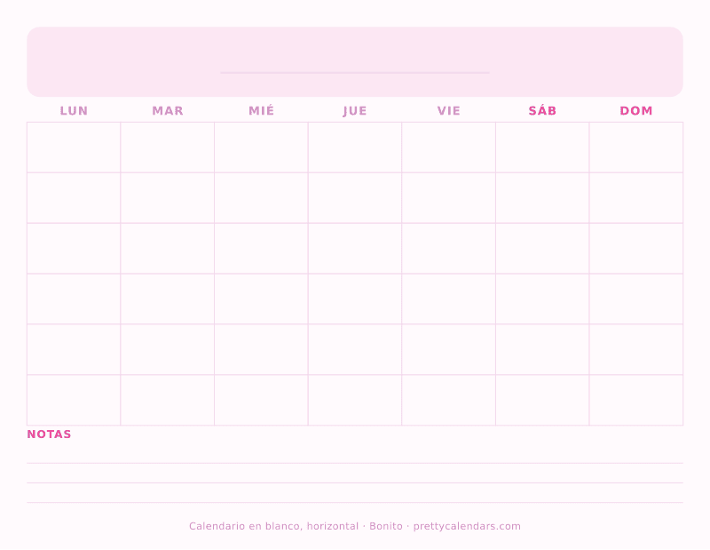 Calendario en blanco horizontal para imprimir, con casillas anchas y sin fechas, estilo Bonito