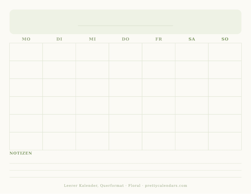 Druckbarer leerer Kalender mit Querformat, Design Floral