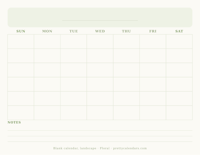 Blank printable calendar in landscape orientation with wide undated day boxes, Floral style