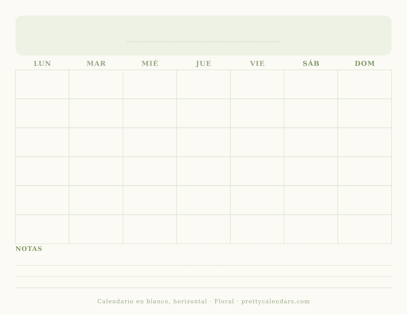 Calendario en blanco horizontal para imprimir, con casillas anchas y sin fechas, estilo Floral