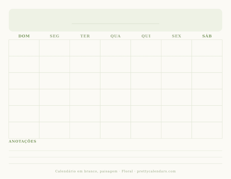 Calendário em branco para imprimir com orientação paisagem, estilo Floral