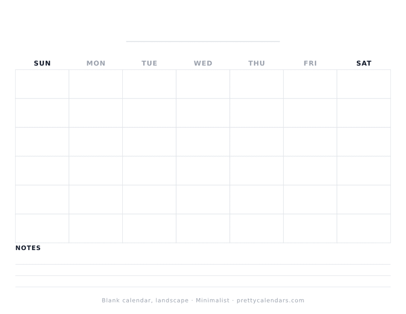 Blank printable calendar in landscape orientation with wide undated day boxes, Minimalist style