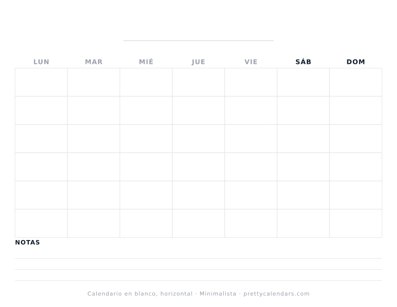 Calendario en blanco horizontal para imprimir, con casillas anchas y sin fechas, estilo Minimalista