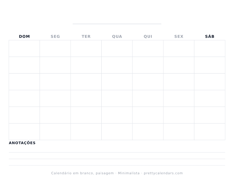 Calendário em branco para imprimir com orientação paisagem, estilo Minimalista