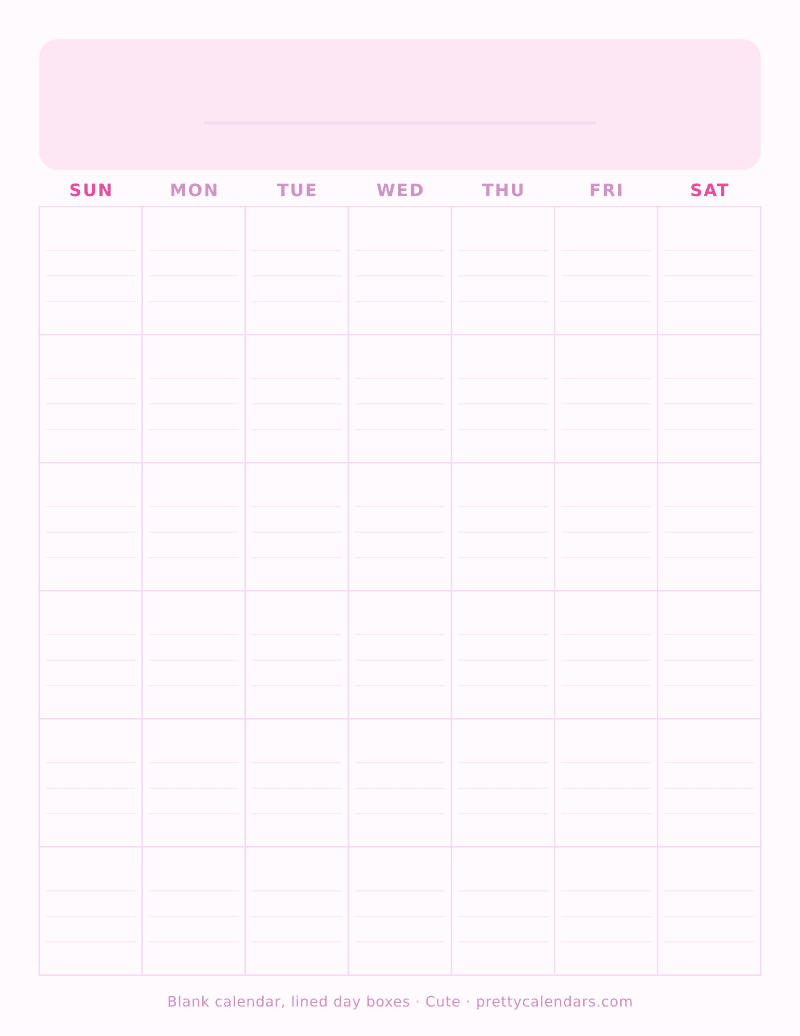 Blank printable calendar with ruled writing lines inside every day box, Cute style