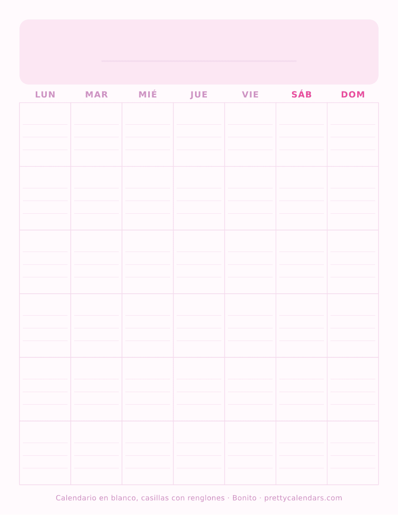 Calendario en blanco para imprimir con renglones dentro de cada casilla del día, estilo Bonito
