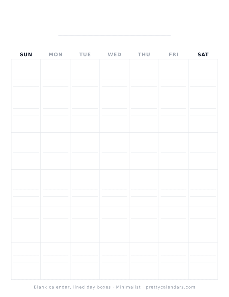 Blank printable calendar with ruled writing lines inside every day box, Minimalist style