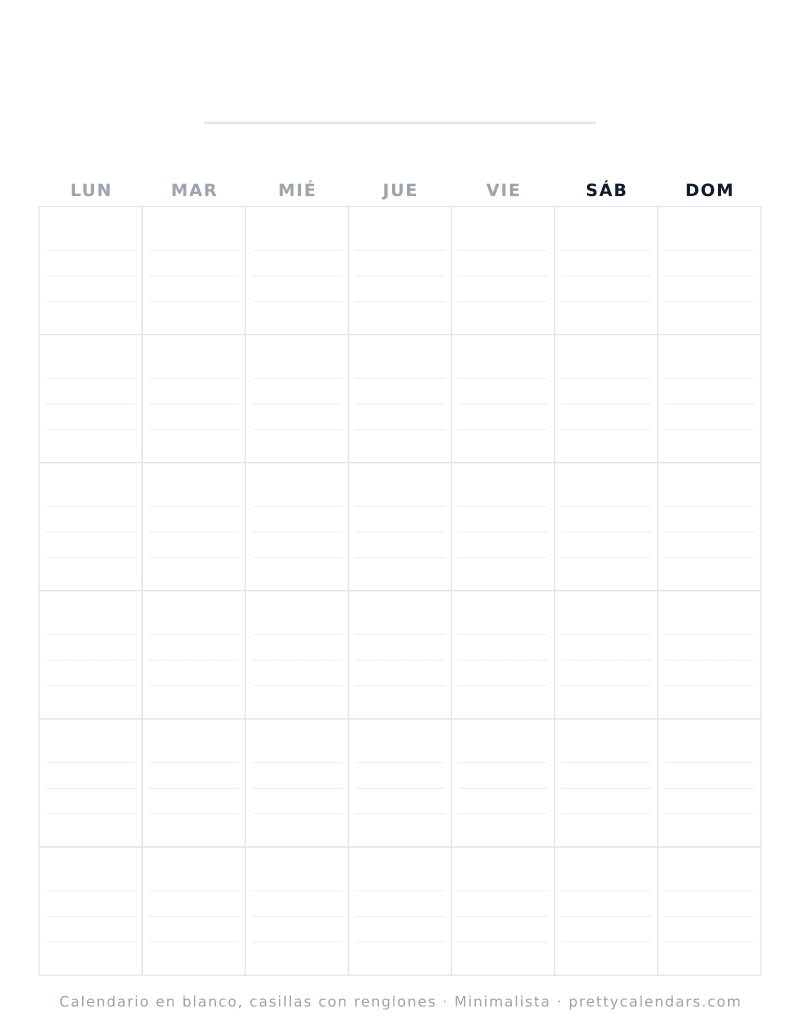 Calendario en blanco para imprimir con renglones dentro de cada casilla del día, estilo Minimalista