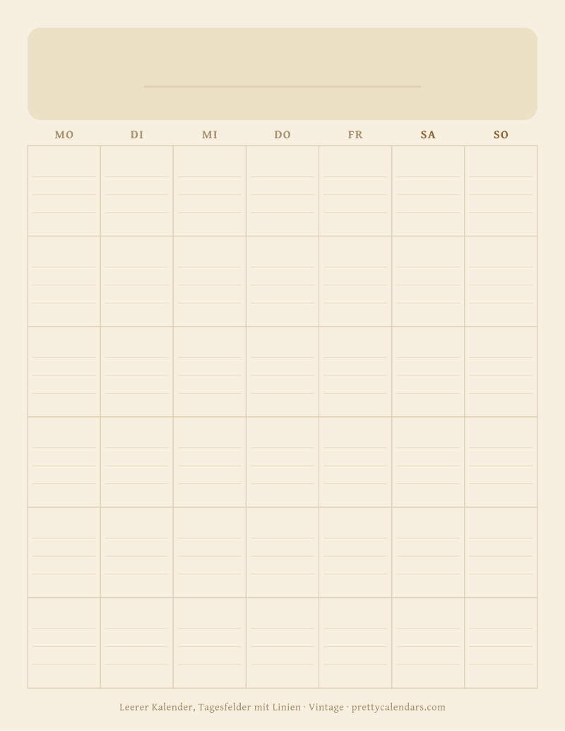 Druckbarer leerer Kalender mit Schreiblinien, Design Vintage