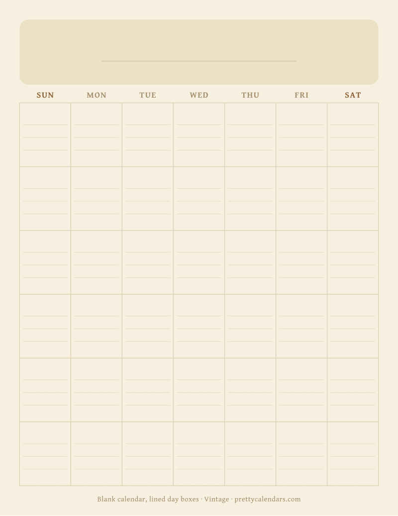 Blank printable calendar with ruled writing lines inside every day box, Vintage style