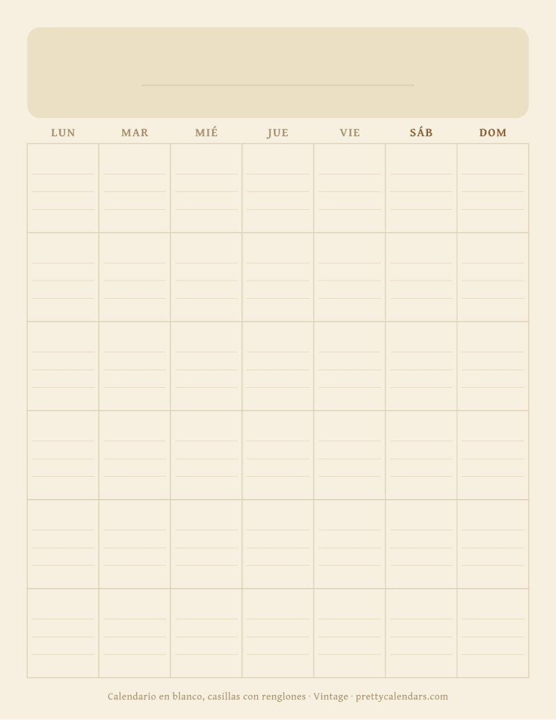 Calendario en blanco para imprimir con renglones dentro de cada casilla del día, estilo Vintage