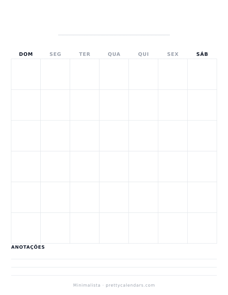 Calendário mensal para imprimir com sem datas, estilo Minimalista