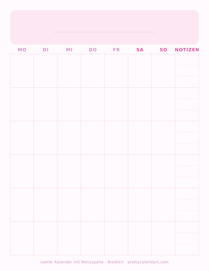 Druckbarer leerer Kalender mit Notizspalte, Design Niedlich