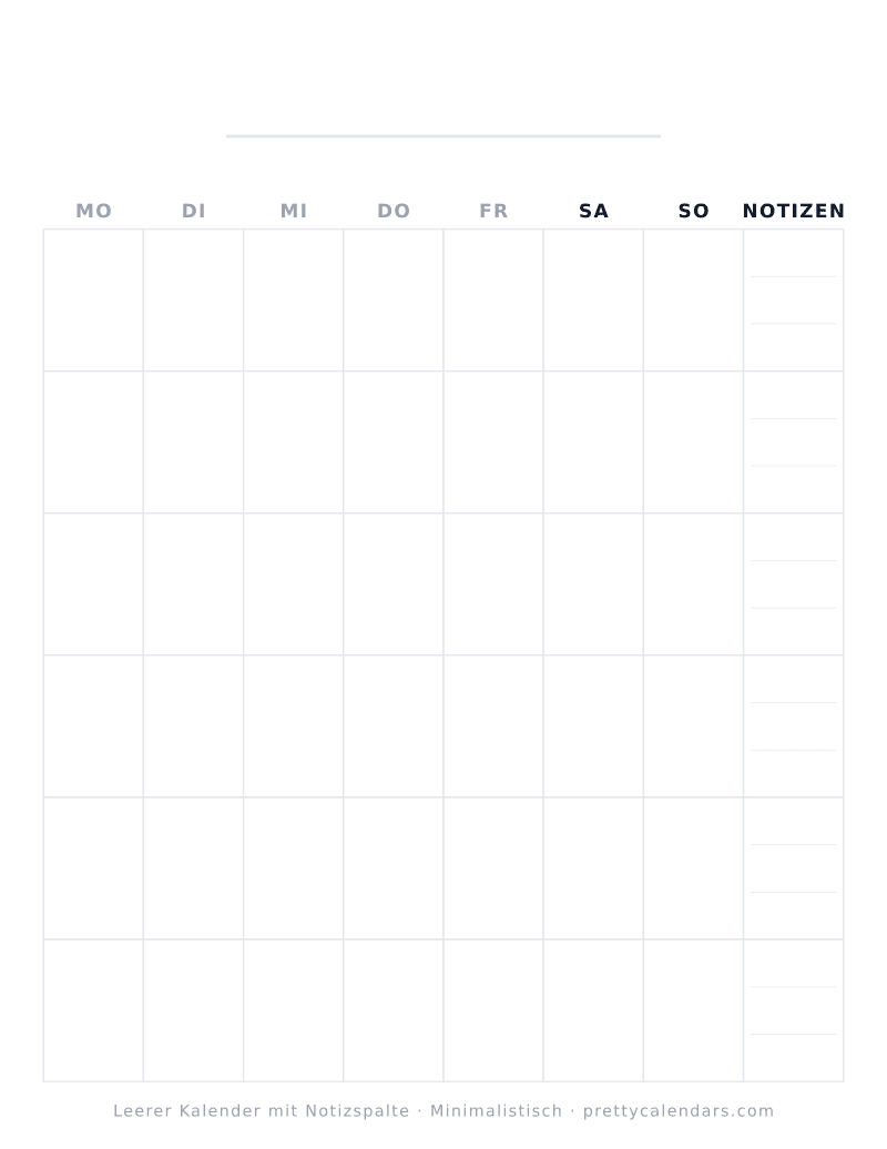 Druckbarer leerer Kalender mit Notizspalte, Design Minimalistisch