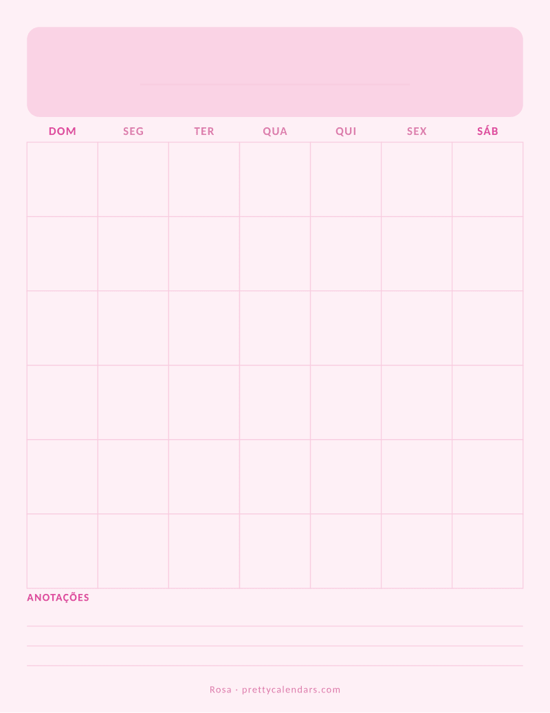Calendário mensal em branco para imprimir, estilo Rosa