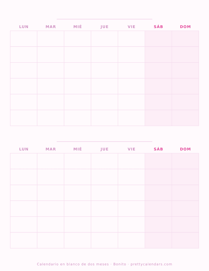 Calendario en blanco para imprimir con dos meses sin fechas en una hoja, estilo Bonito
