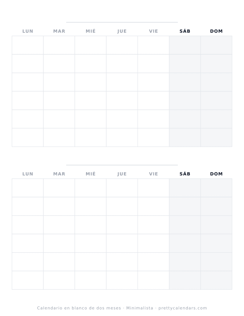 Calendario en blanco para imprimir con dos meses sin fechas en una hoja, estilo Minimalista