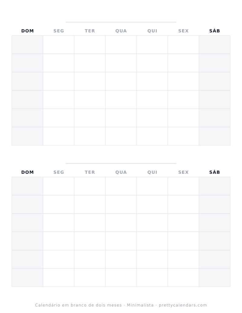 Calendário em branco para imprimir com dois meses, estilo Minimalista