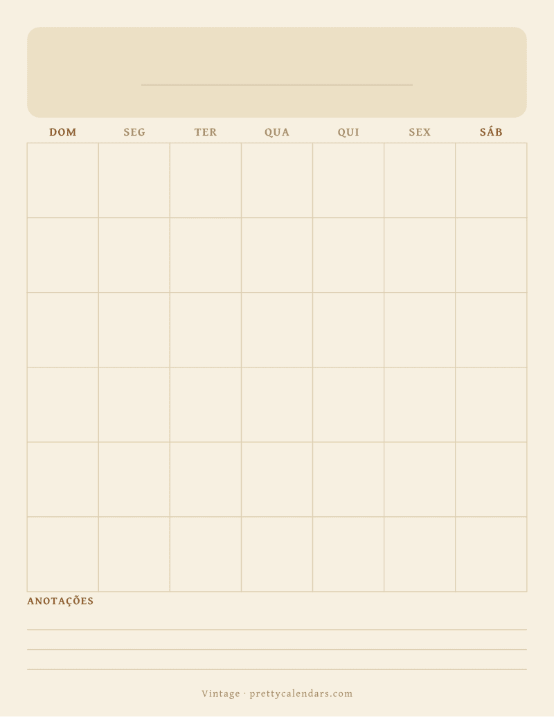 Calendário mensal em branco para imprimir, estilo Vintage