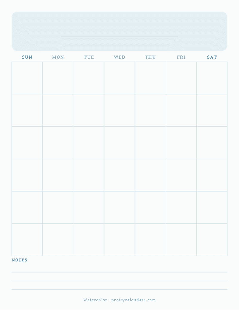 Blank printable monthly calendar with no dates and a rule for the month name, Watercolor style