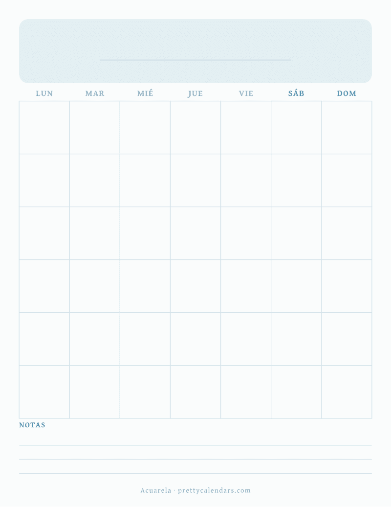 Calendario en blanco para imprimir, estilo Acuarela