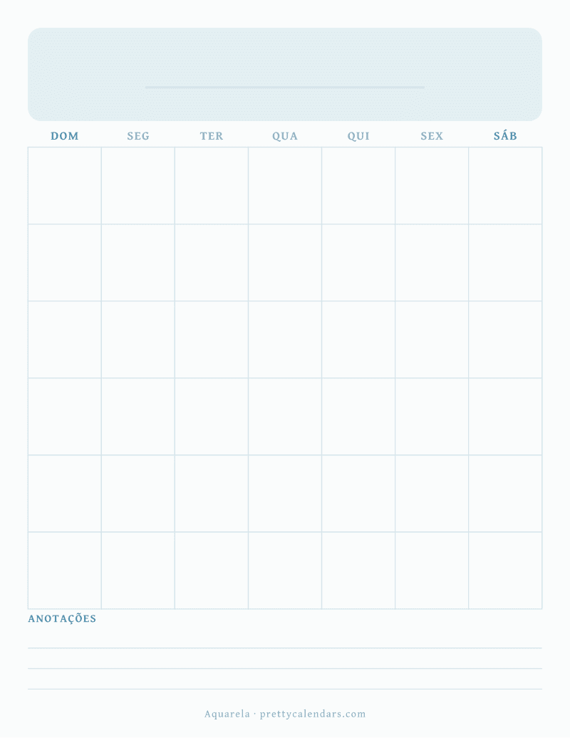 Calendário mensal em branco para imprimir, estilo Aquarela