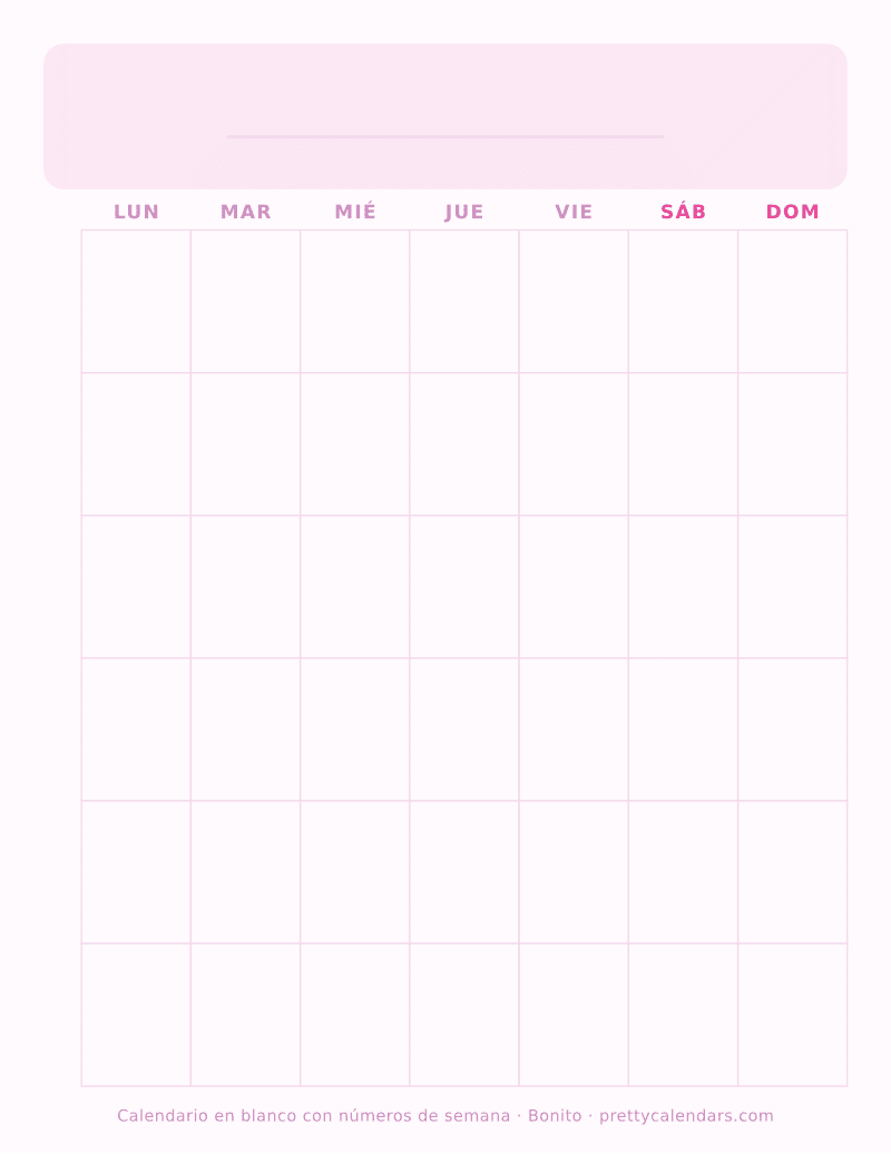 Calendario en blanco para imprimir con números de semana e inicio en lunes, Bonito