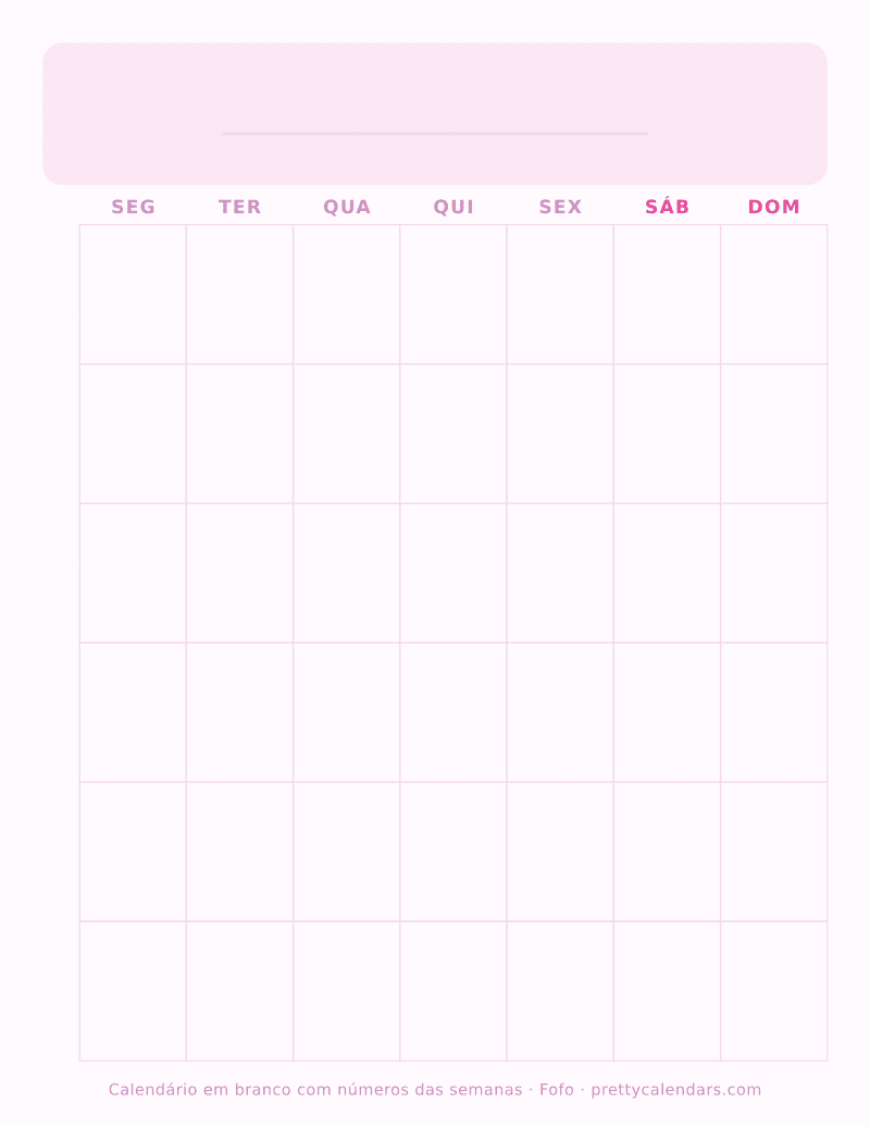 Calendário em branco para imprimir com números das semanas, estilo Fofo