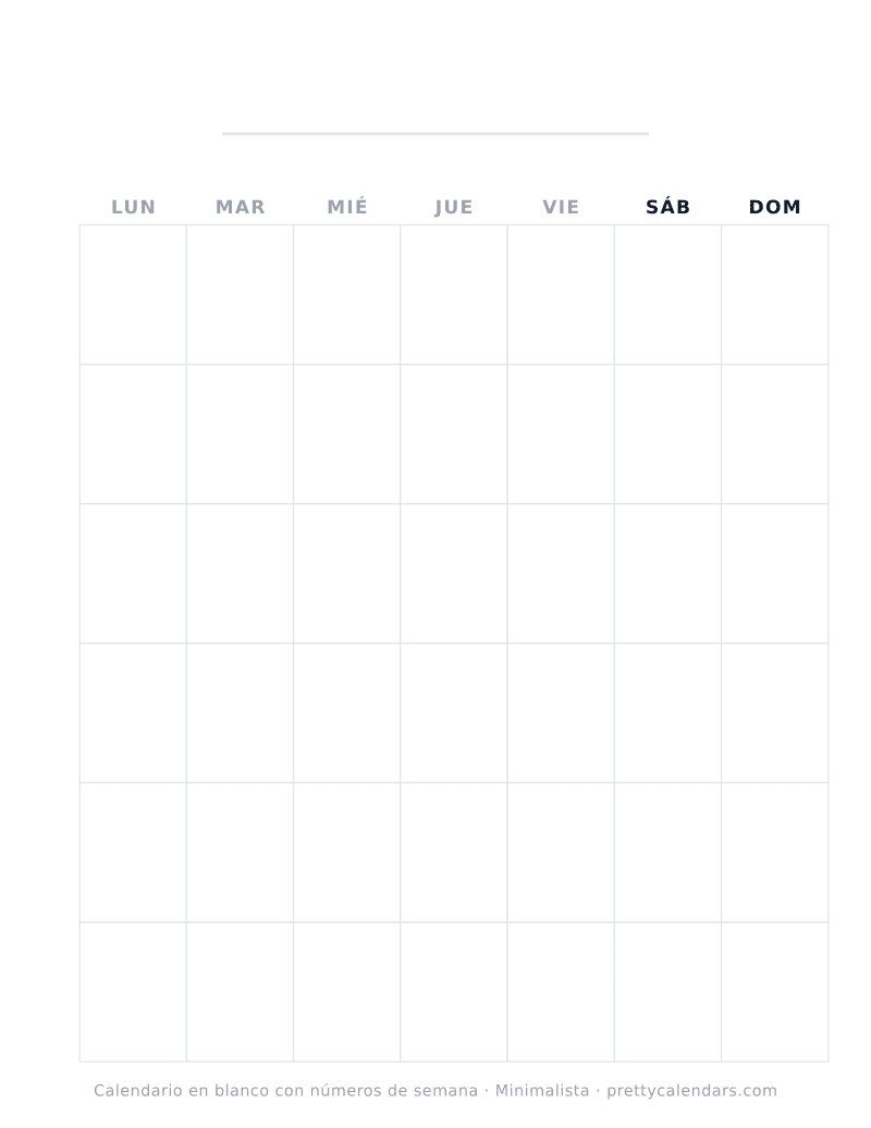 Calendario en blanco para imprimir con números de semana e inicio en lunes, Minimalista