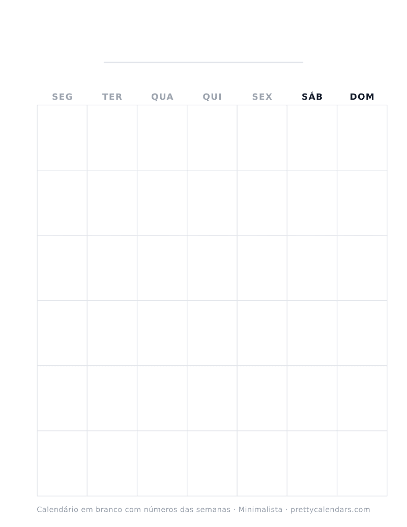 Calendário em branco para imprimir com números das semanas, estilo Minimalista