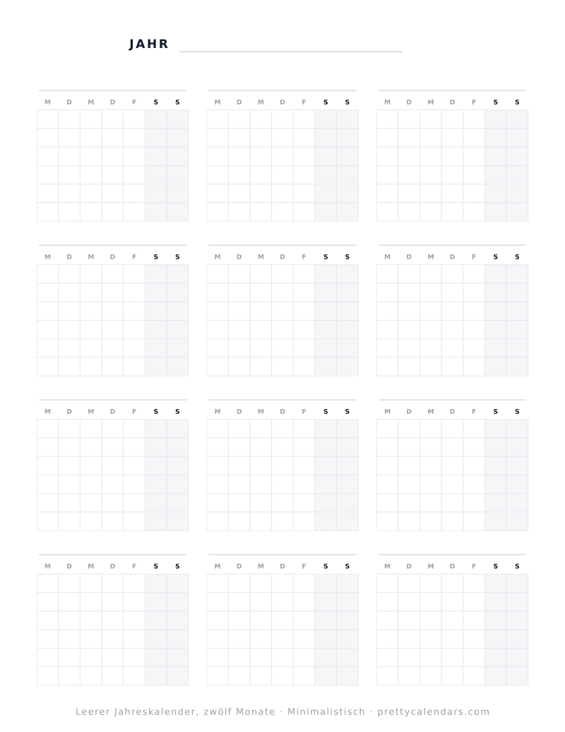 Druckbarer leerer Kalender mit year, Design Minimalistisch