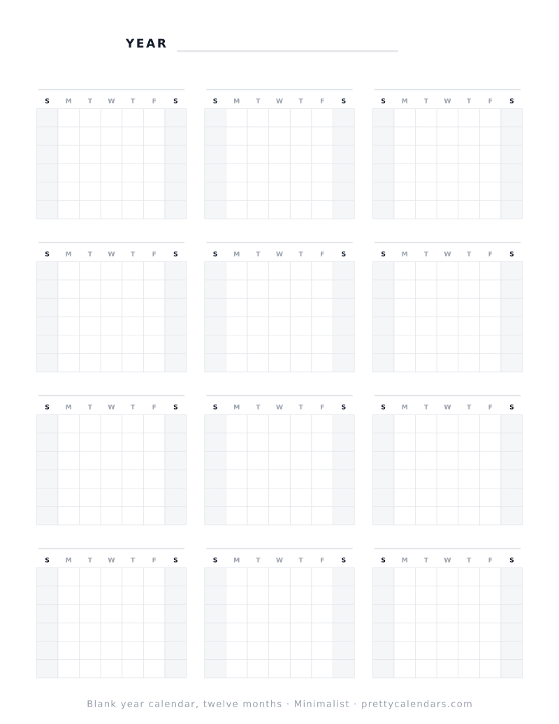 Blank printable year calendar with twelve undated month grids on one page, Minimalist style
